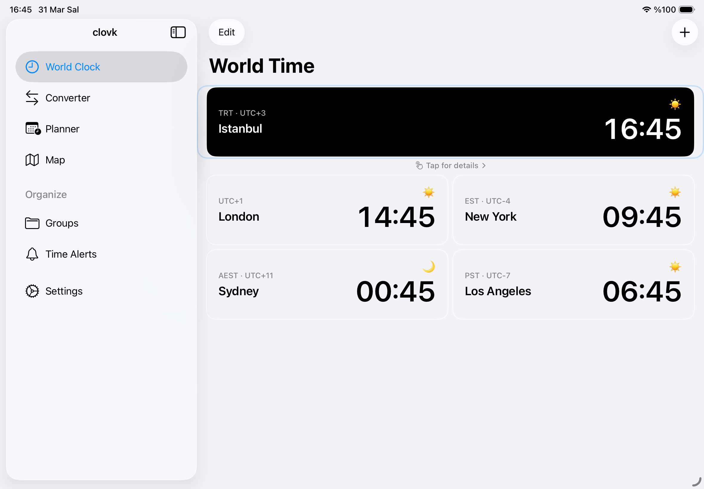 Clovk on iPad — World Time